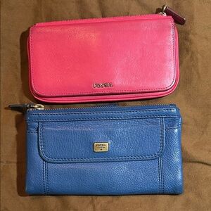 Fossil Pink and Blue Leather Wallet Duo